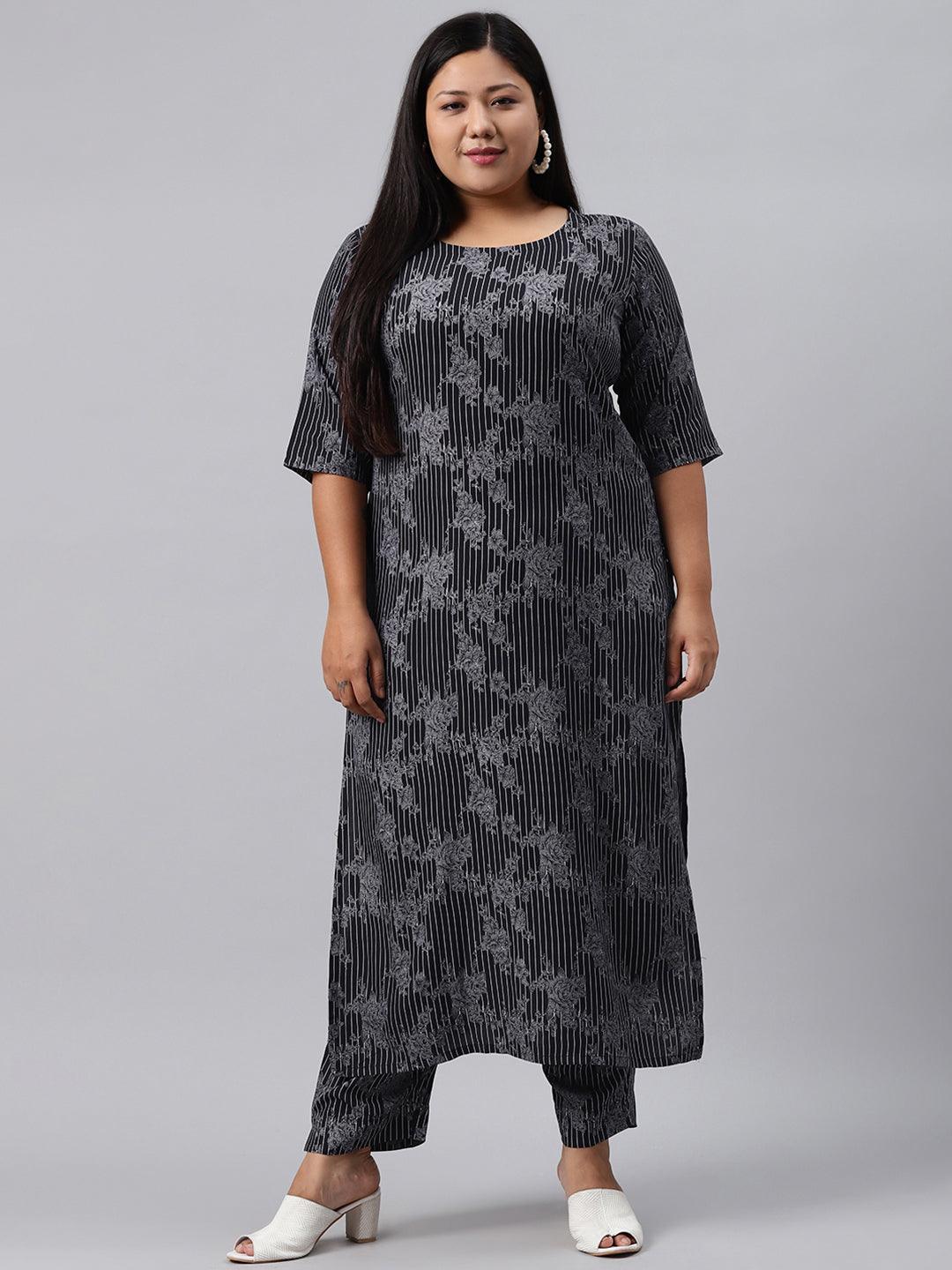 Plus Size Blue Printed Rayon Kurta