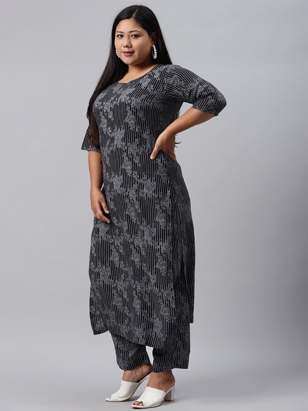 Plus Size Blue Printed Rayon Kurta