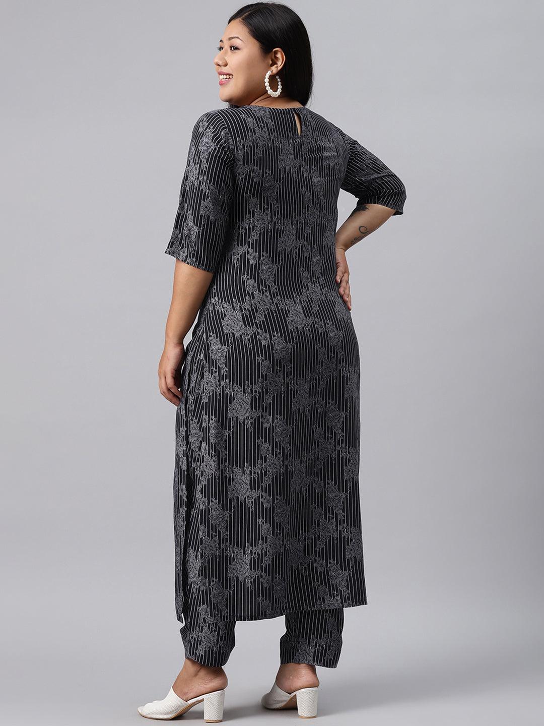 Plus Size Blue Printed Rayon Kurta