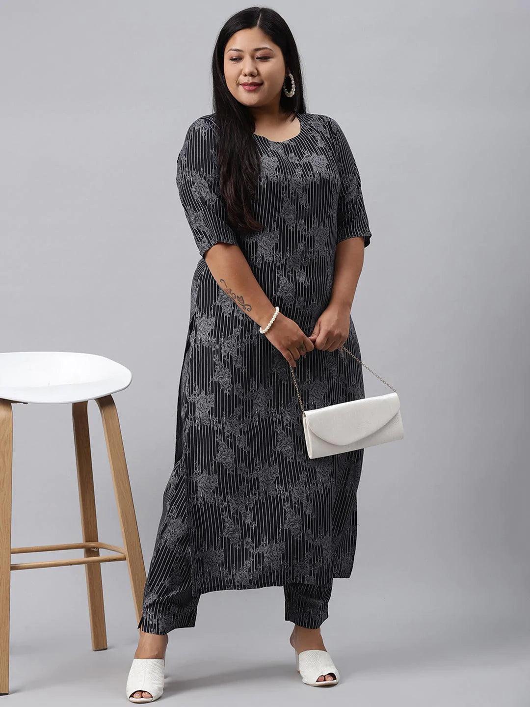 Plus Size Blue Printed Rayon Kurta