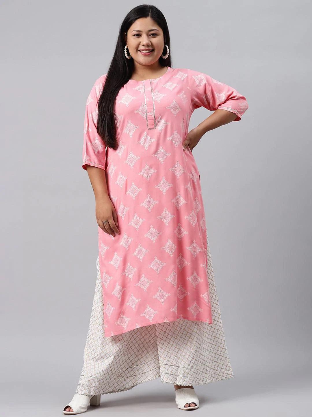 Plus Size Pink Printed Cotton Kurta