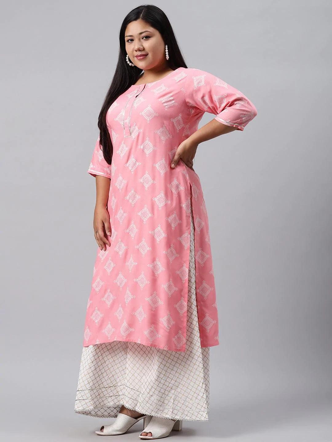 Plus Size Pink Printed Cotton Kurta