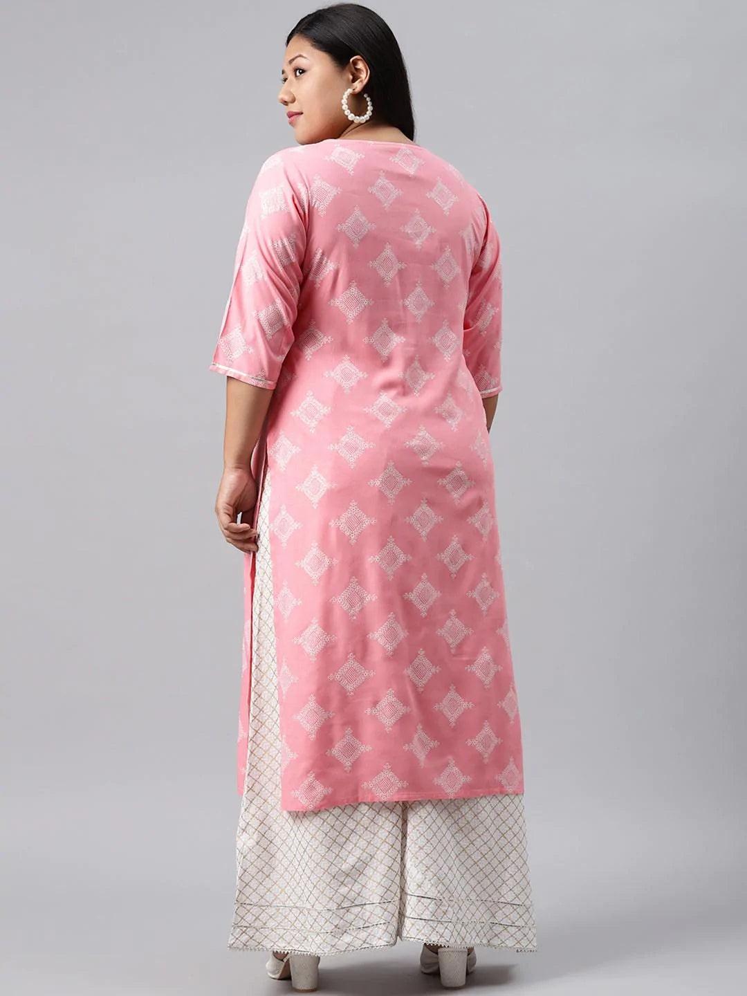 Plus Size Pink Printed Cotton Kurta