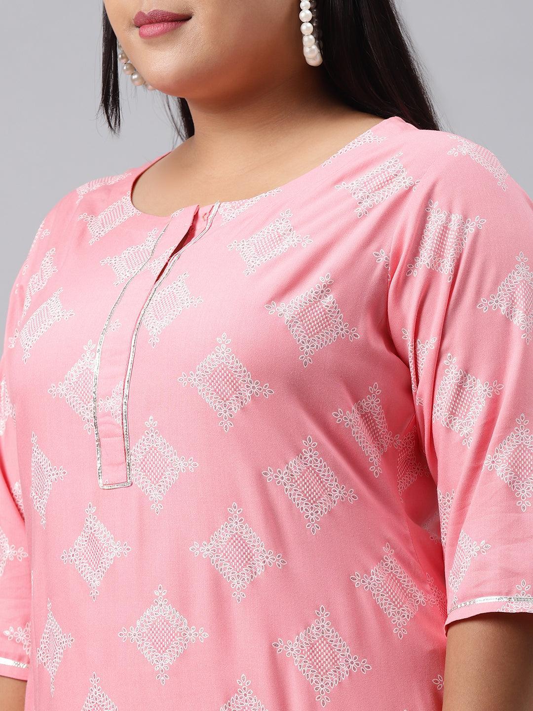 Plus Size Pink Printed Cotton Kurta