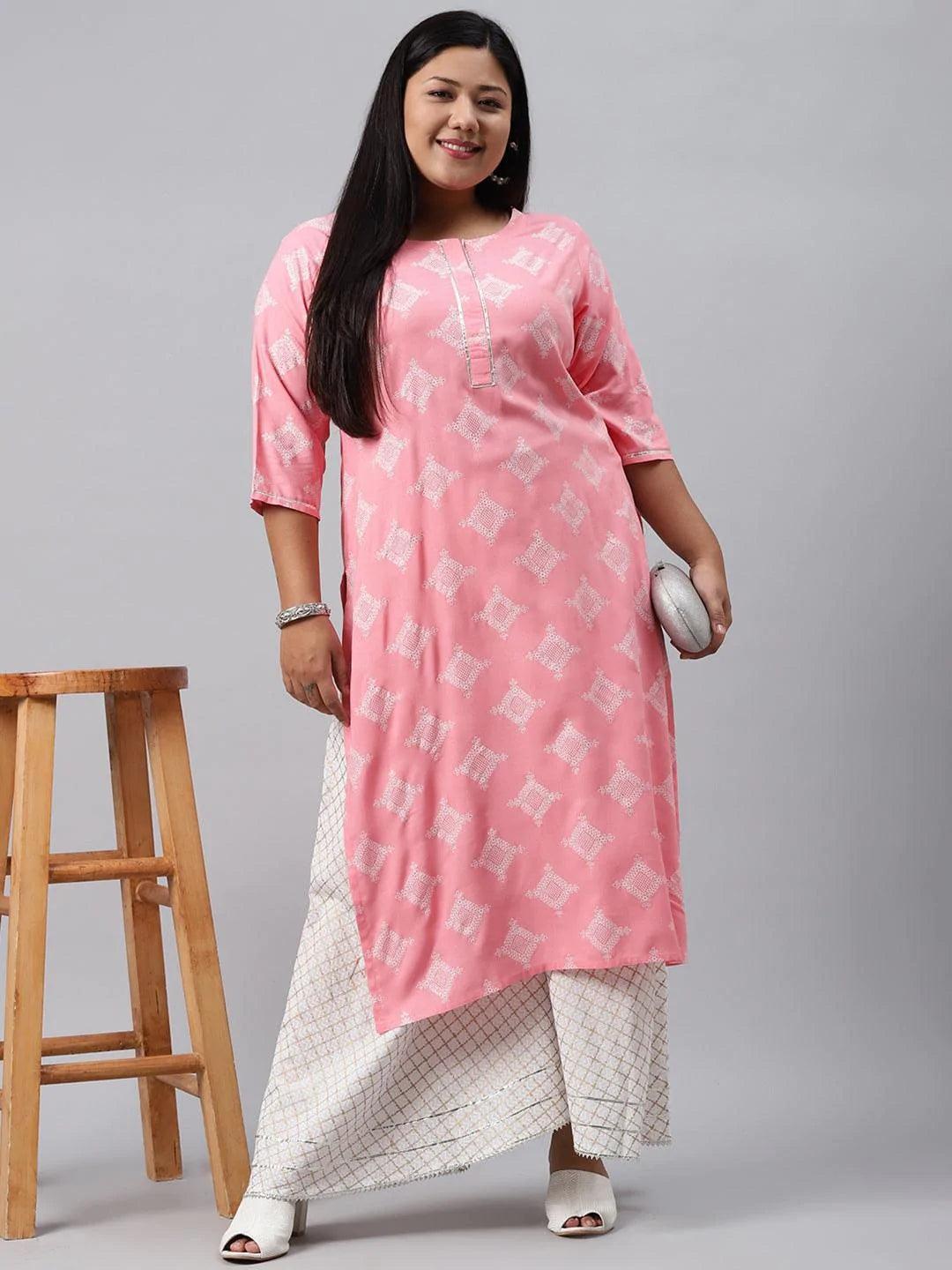 Plus Size Pink Printed Cotton Kurta