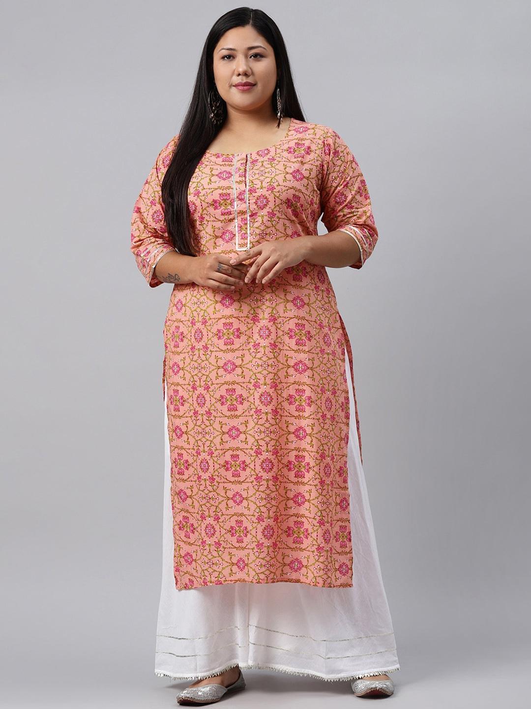 Plus Size Peach Printed Cotton Kurta