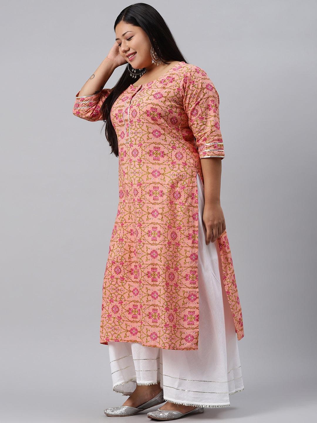 Plus Size Peach Printed Cotton Kurta