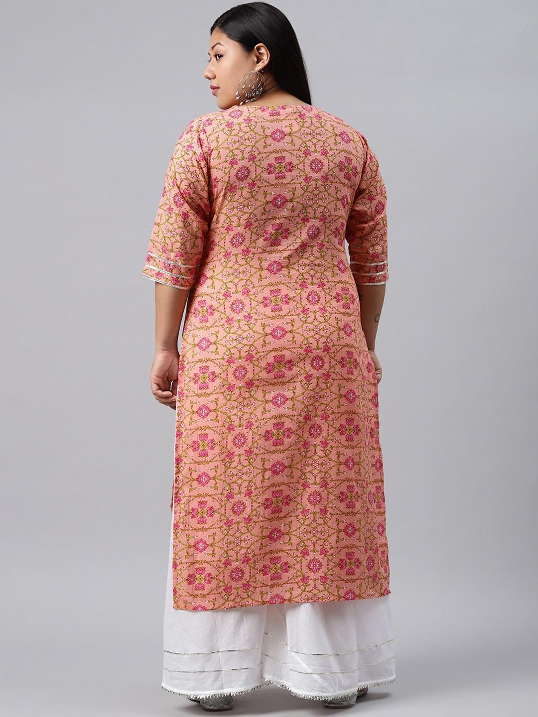 Plus Size Peach Printed Cotton Kurta