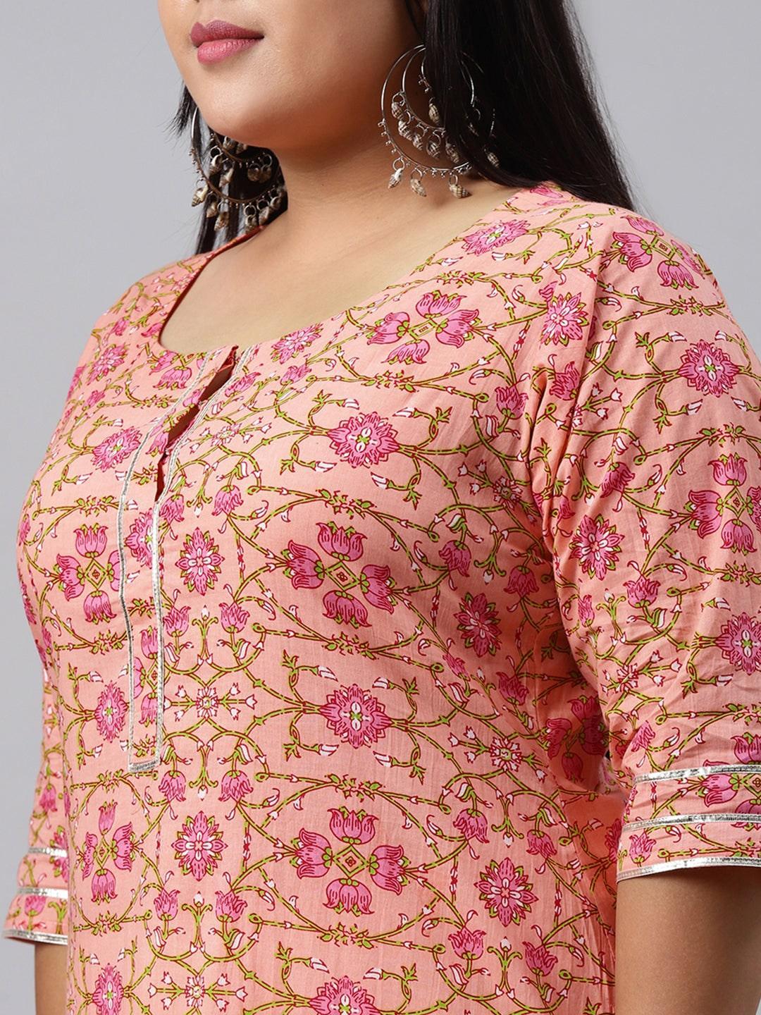 Plus Size Peach Printed Cotton Kurta