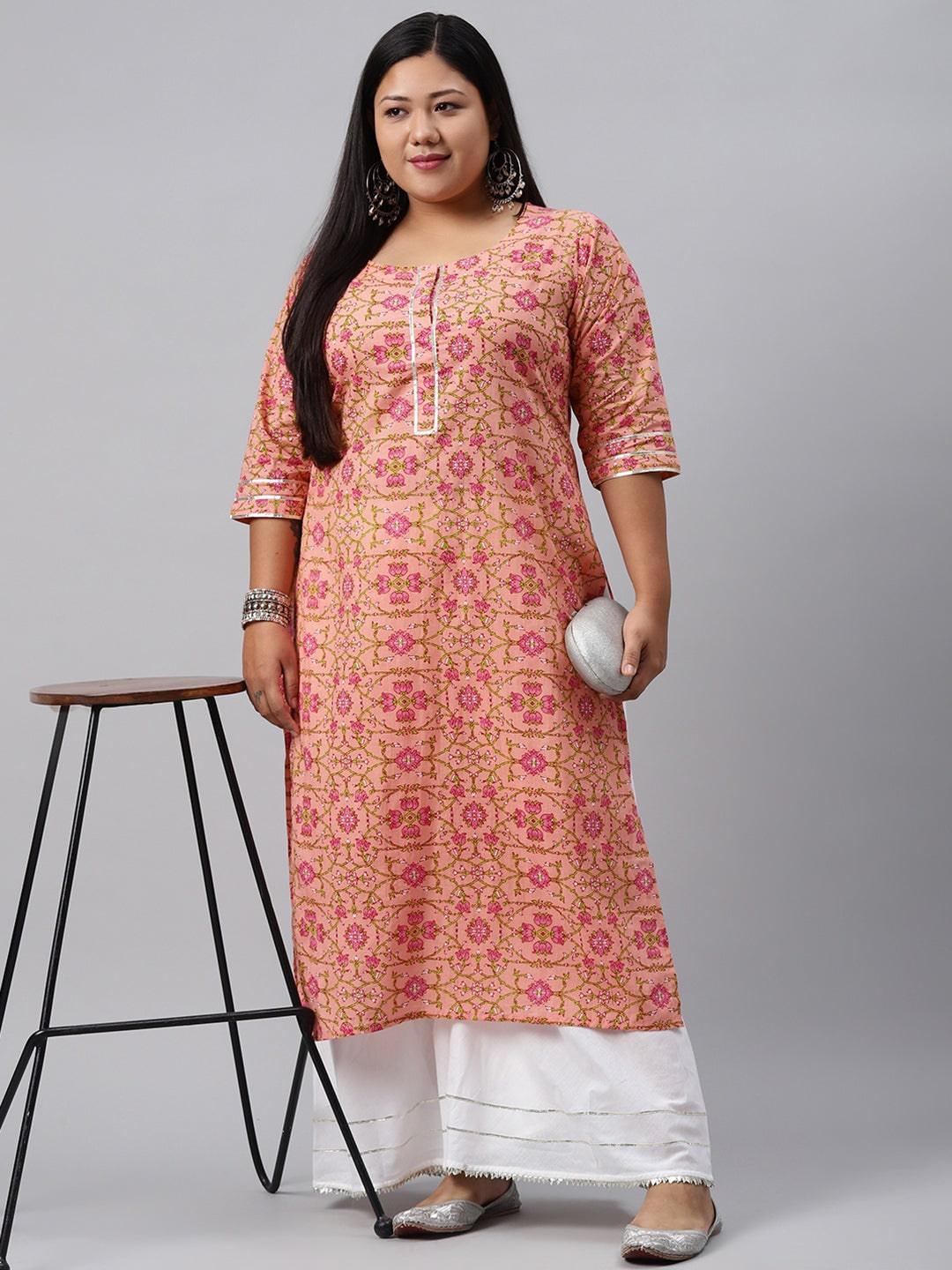 Plus Size Peach Printed Cotton Kurta