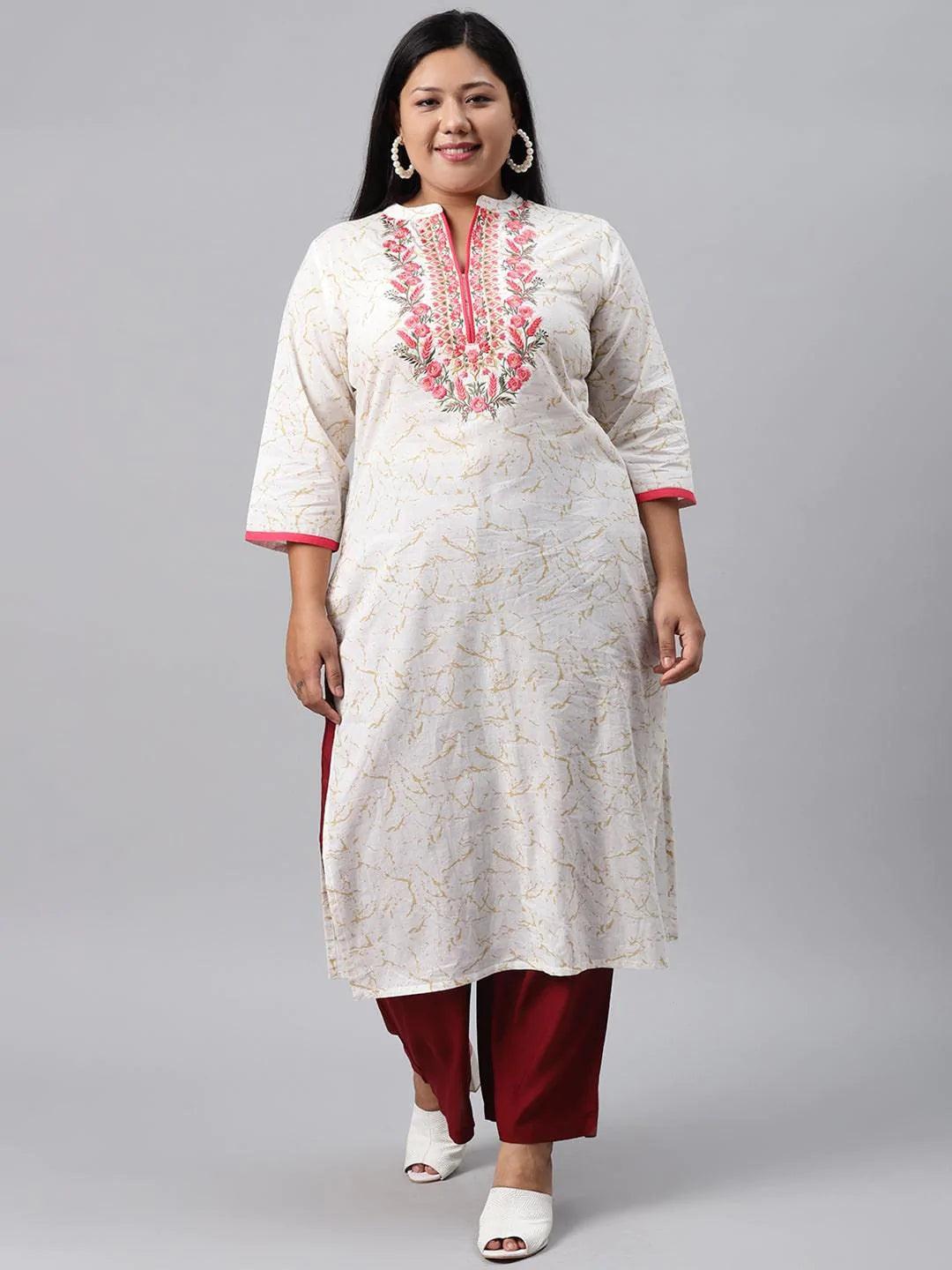 Plus Size White Embroidered Cotton Kurta