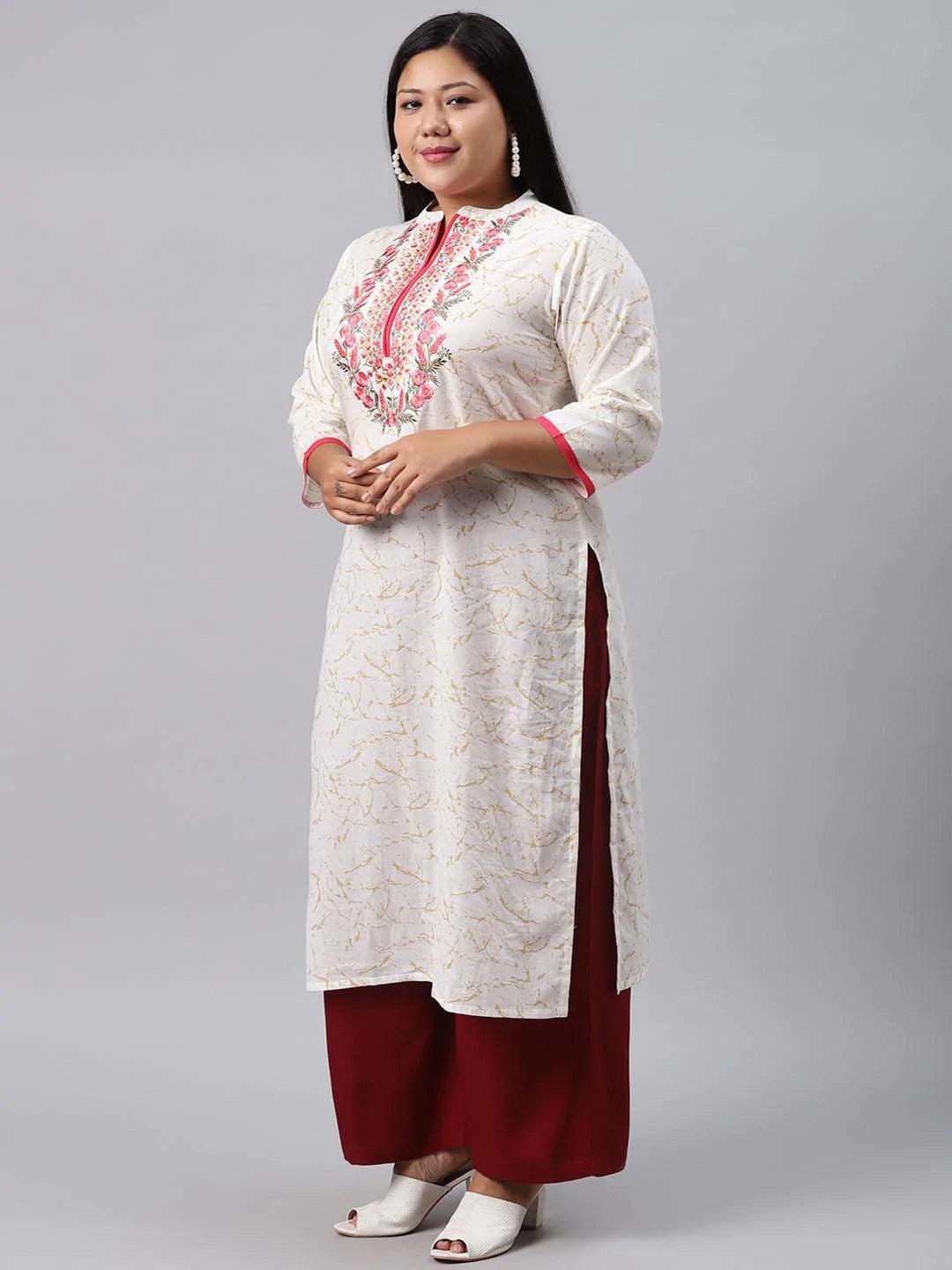 Plus Size White Embroidered Cotton Kurta