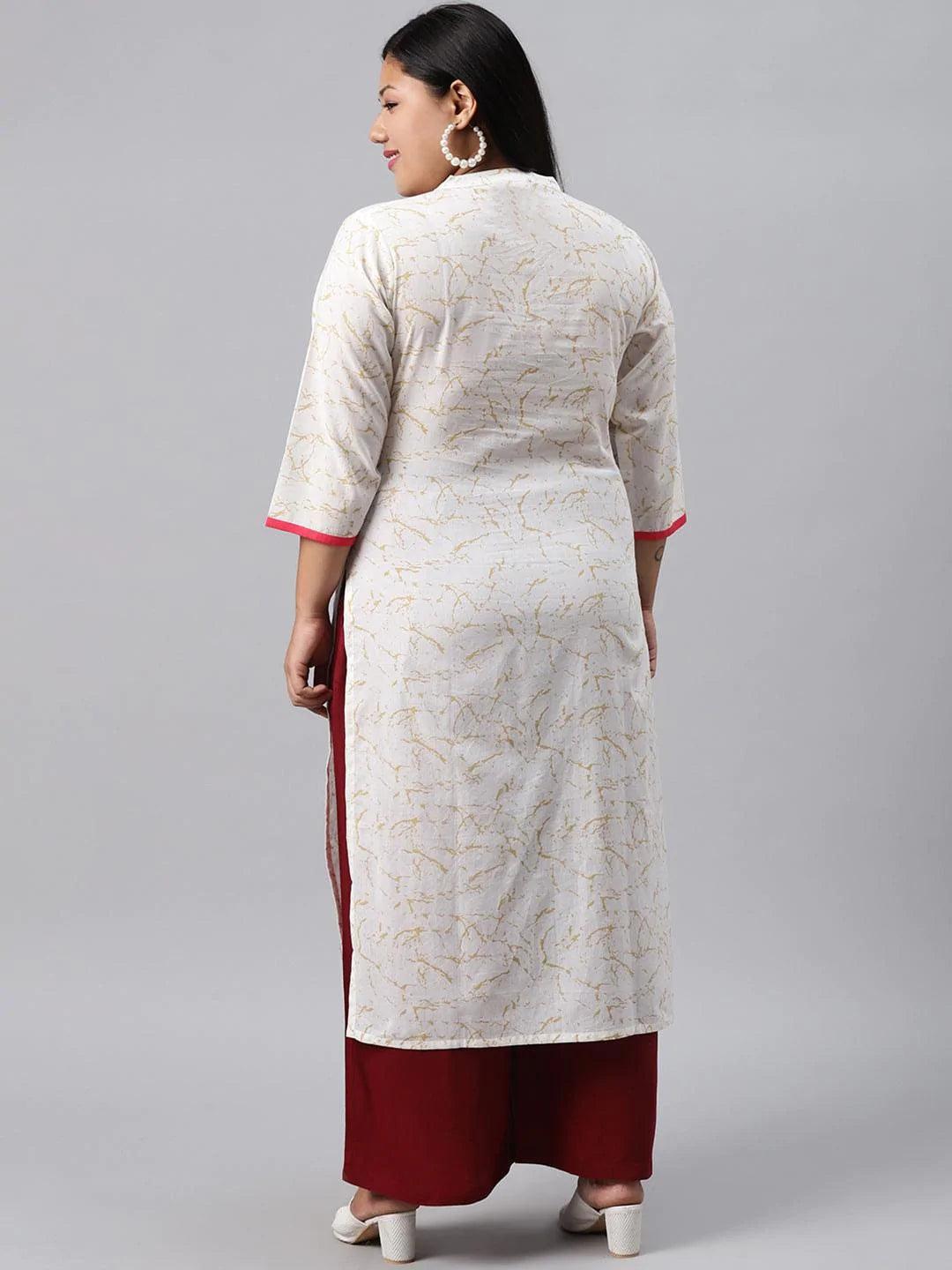 Plus Size White Embroidered Cotton Kurta