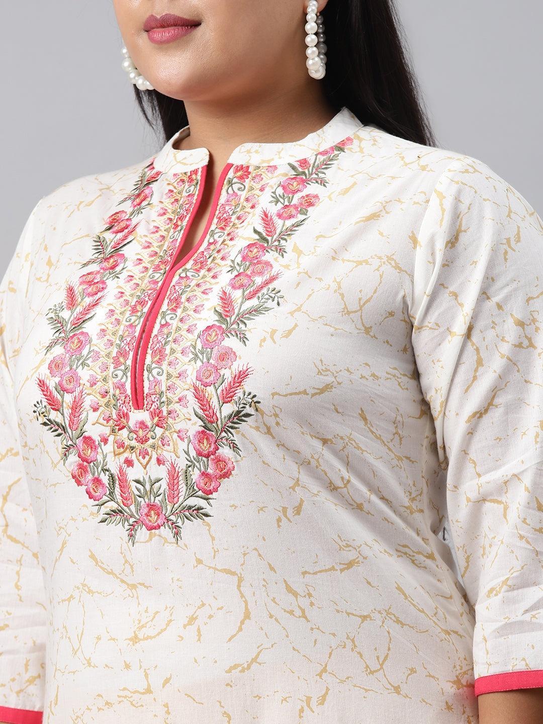 Plus Size White Embroidered Cotton Kurta