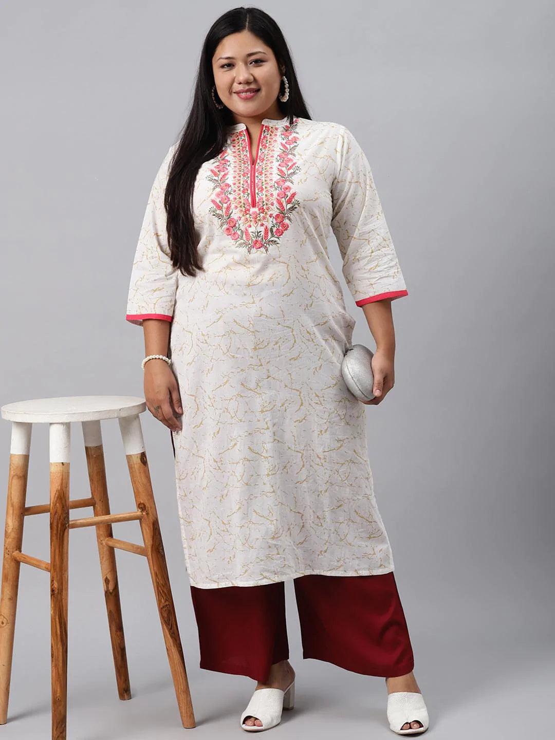 Plus Size White Embroidered Cotton Kurta