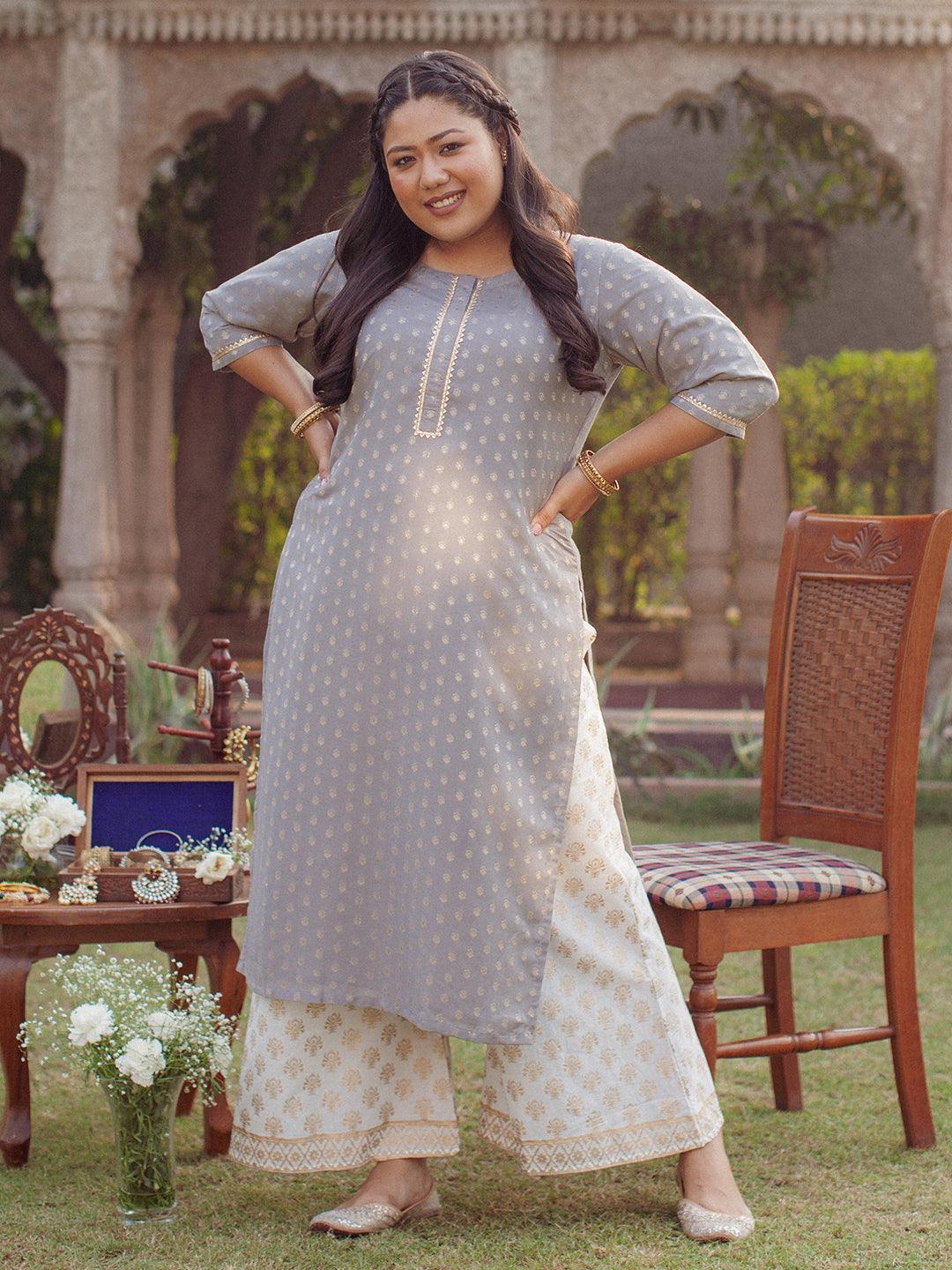 Plus Size Grey Chanderi Silk Kurta