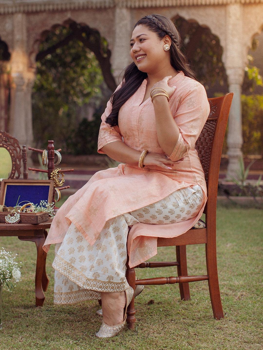 Plus Size Peach Printed Chanderi Silk Kurta