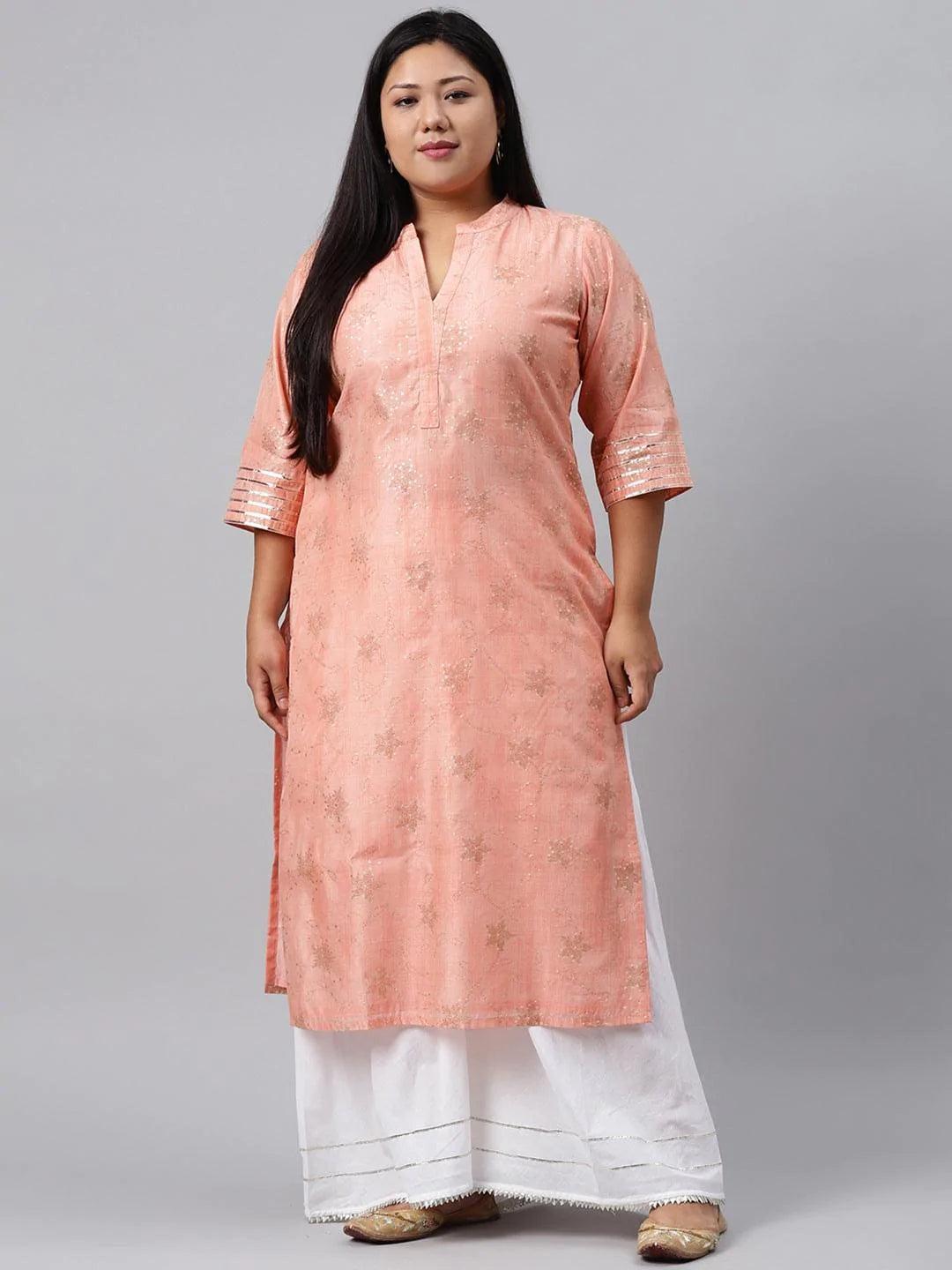 Plus Size Peach Printed Chanderi Silk Kurta