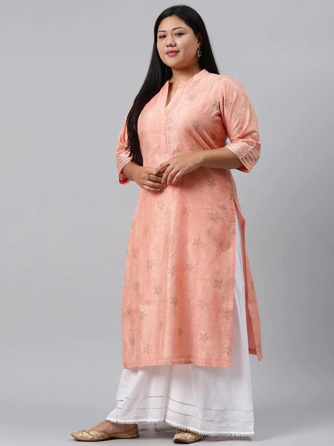 Plus Size Peach Printed Chanderi Silk Kurta