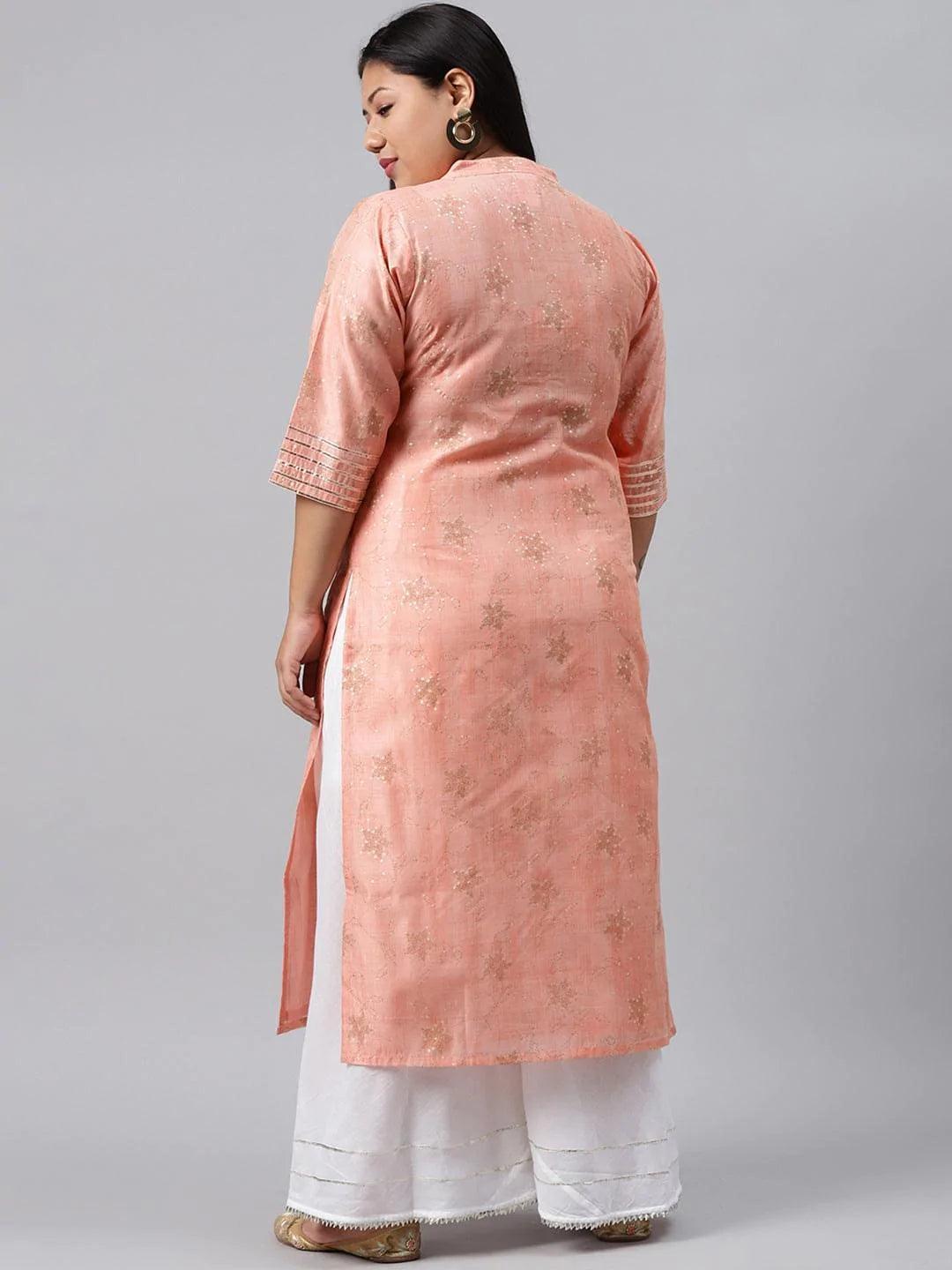 Plus Size Peach Printed Chanderi Silk Kurta