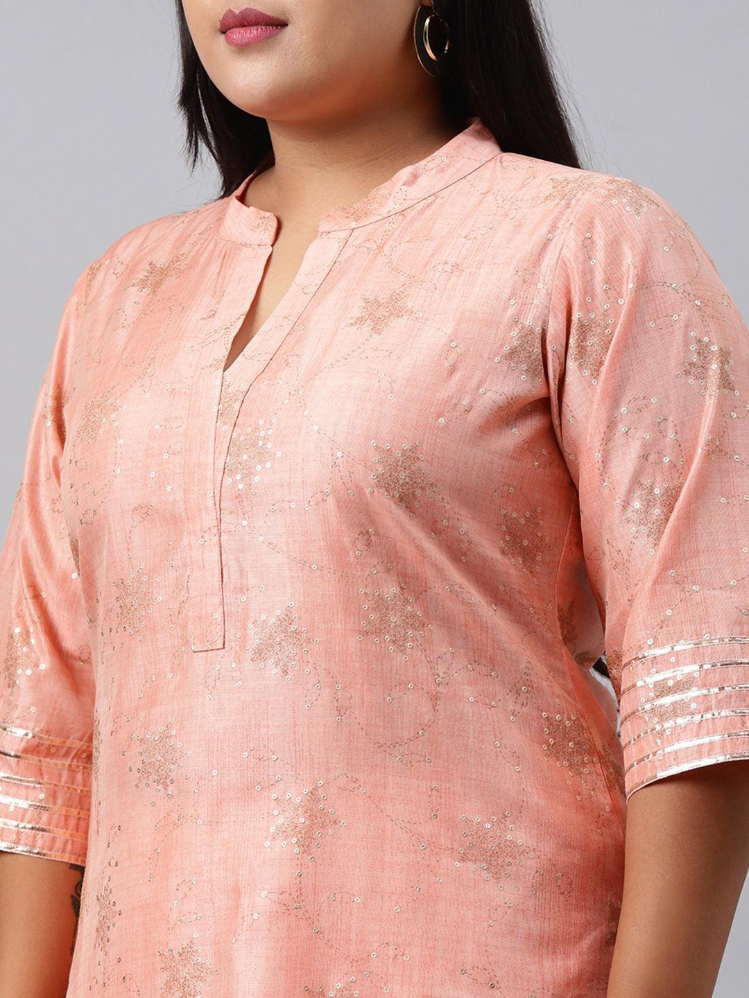 Plus Size Peach Printed Chanderi Silk Kurta