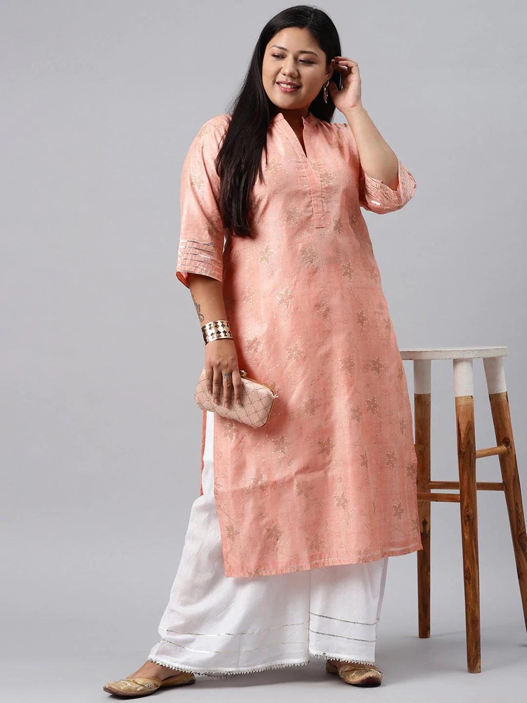 Plus Size Peach Printed Chanderi Silk Kurta