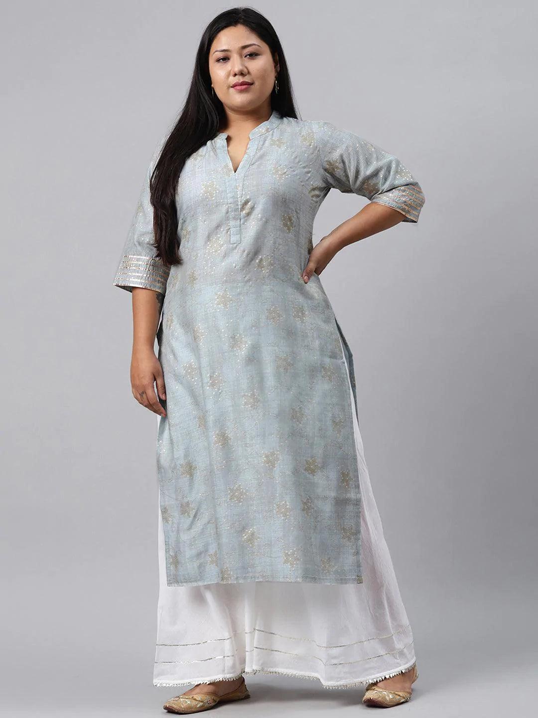 Plus Size Grey Printed Chanderi Silk Kurta - ShopLibas