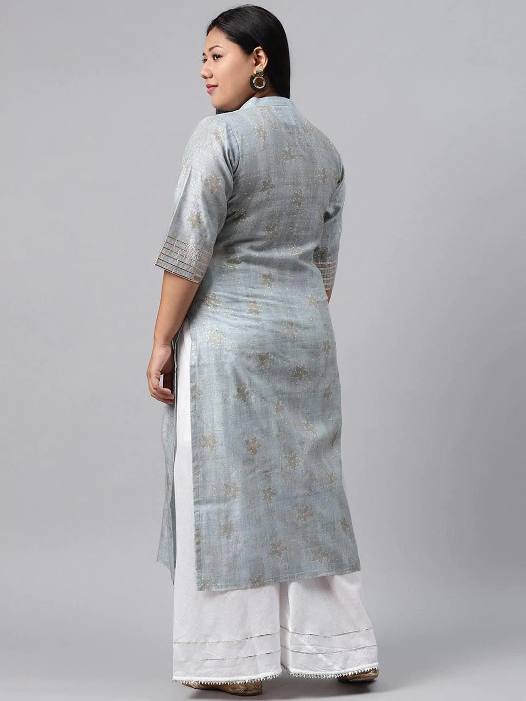 Plus Size Grey Printed Chanderi Silk Kurta