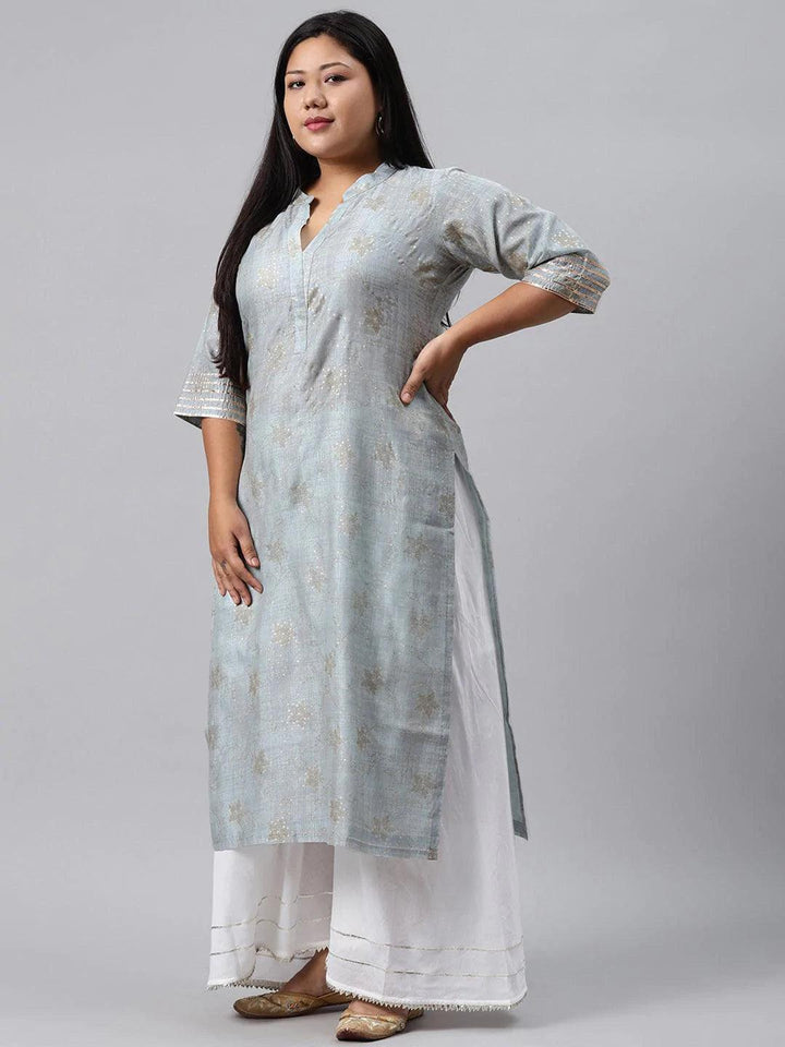 Plus Size Grey Printed Chanderi Silk Kurta - ShopLibas