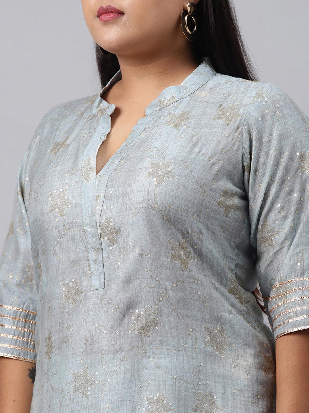 Plus Size Grey Printed Chanderi Silk Kurta