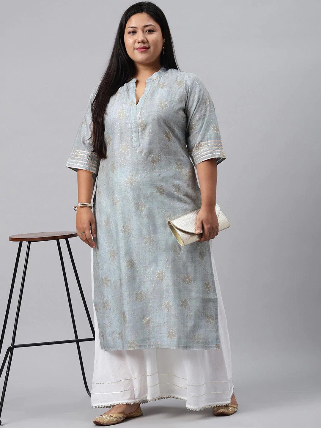 Plus Size Grey Printed Chanderi Silk Kurta