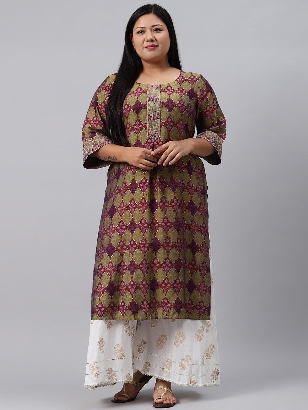 Plus Size Green Printed Chanderi Silk Kurta