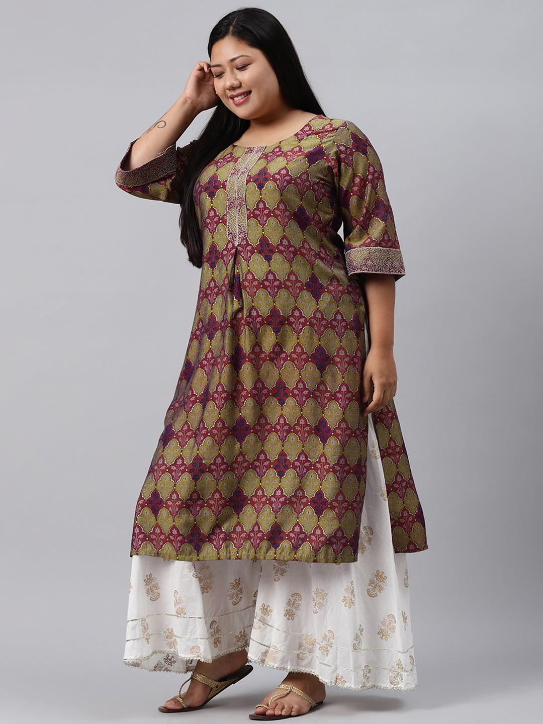 Plus Size Green Printed Chanderi Silk Kurta