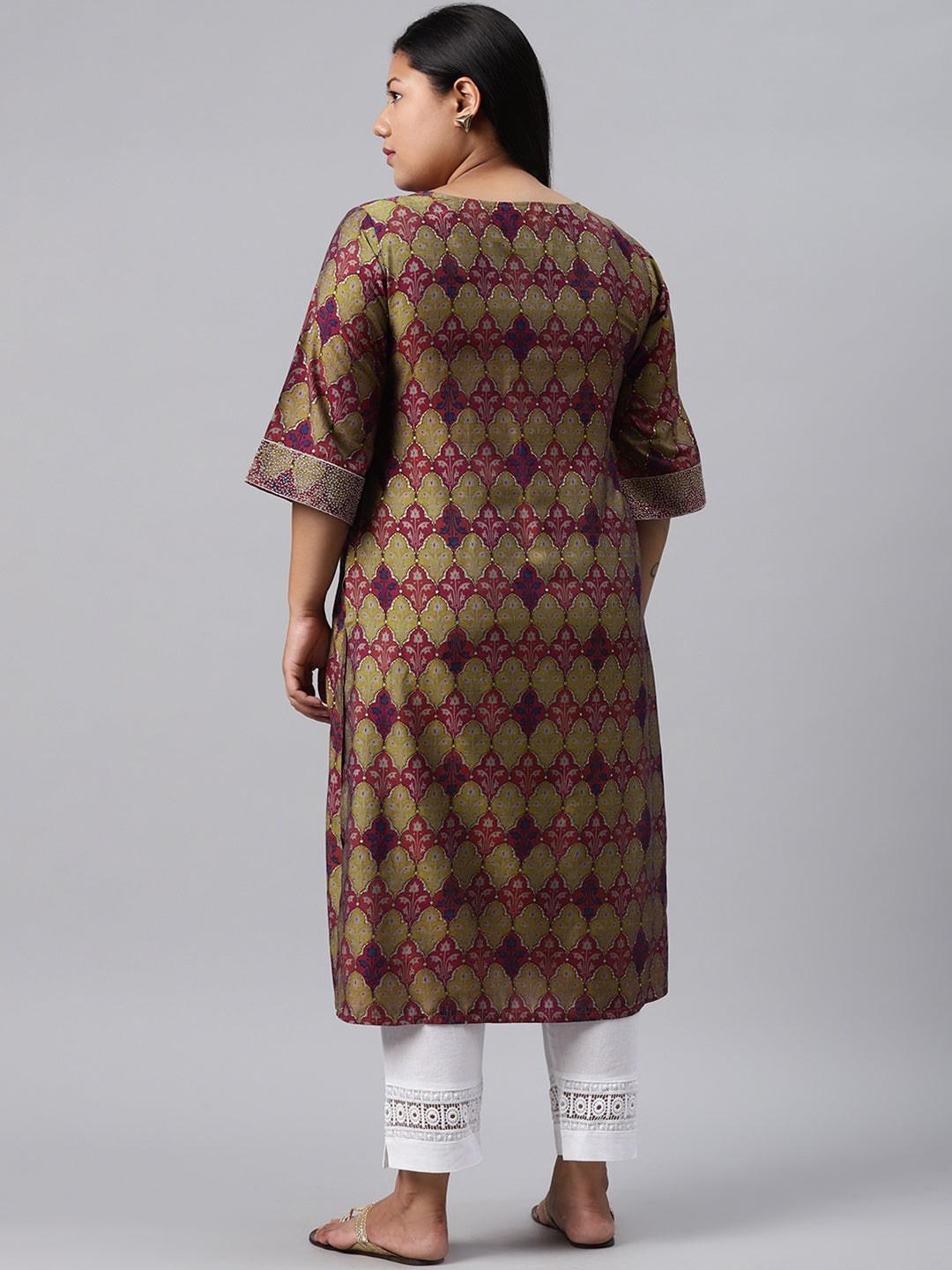 Plus Size Green Printed Chanderi Silk Kurta