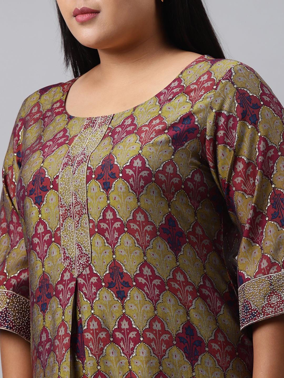 Plus Size Green Printed Chanderi Silk Kurta