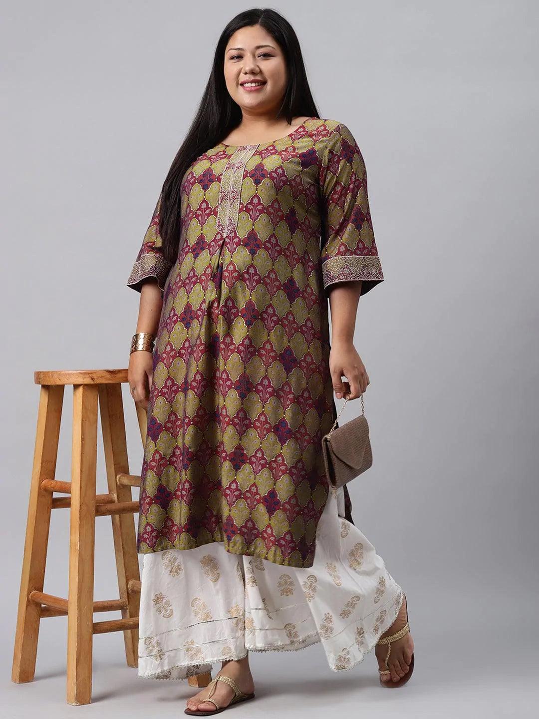 Plus Size Green Printed Chanderi Silk Kurta