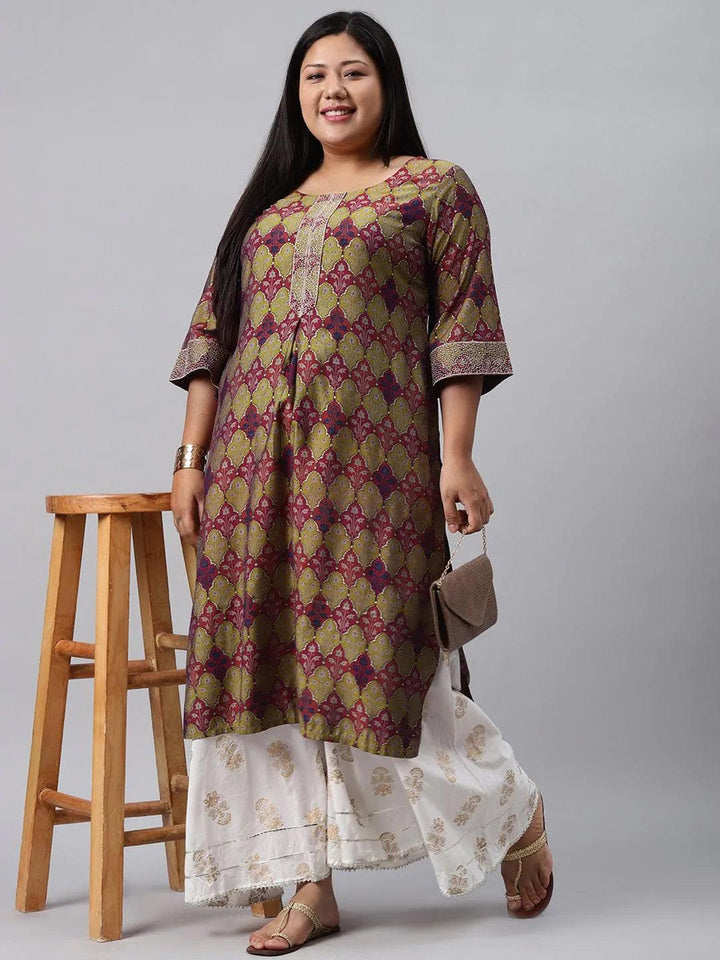 Plus Size Green Printed Chanderi Silk Kurta - ShopLibas