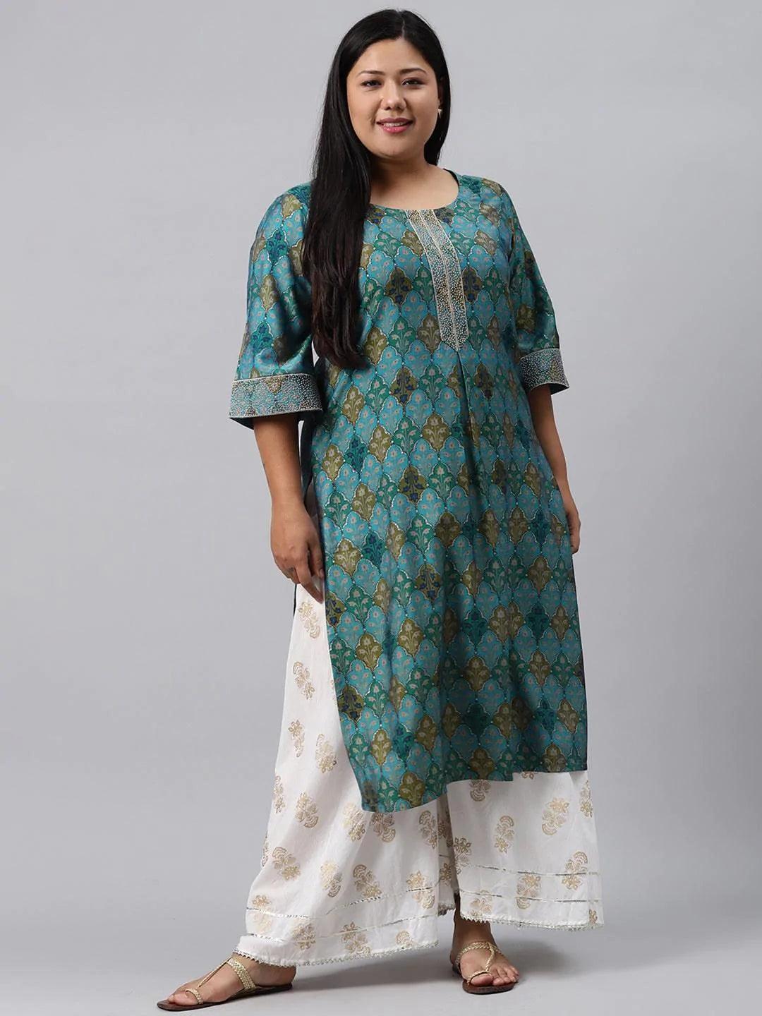 Plus Size Blue Printed Chanderi Silk Kurta