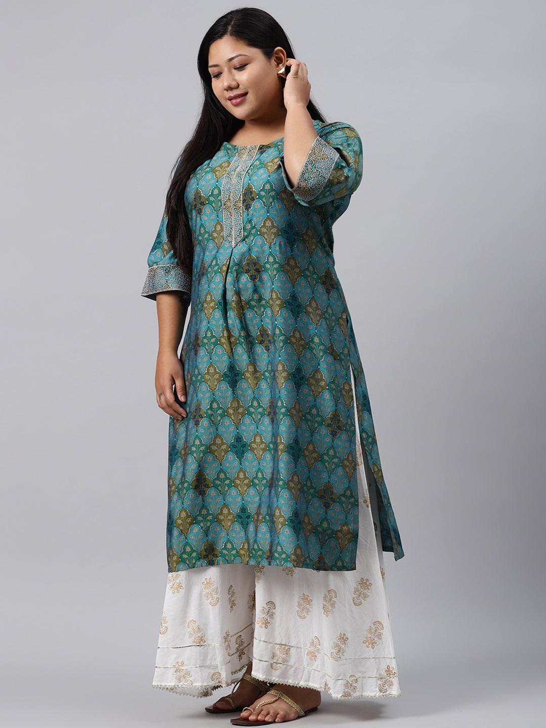 Plus Size Blue Printed Chanderi Silk Kurta