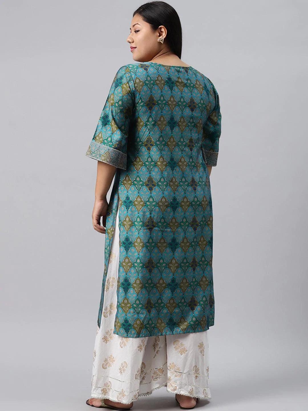 Plus Size Blue Printed Chanderi Silk Kurta - ShopLibas