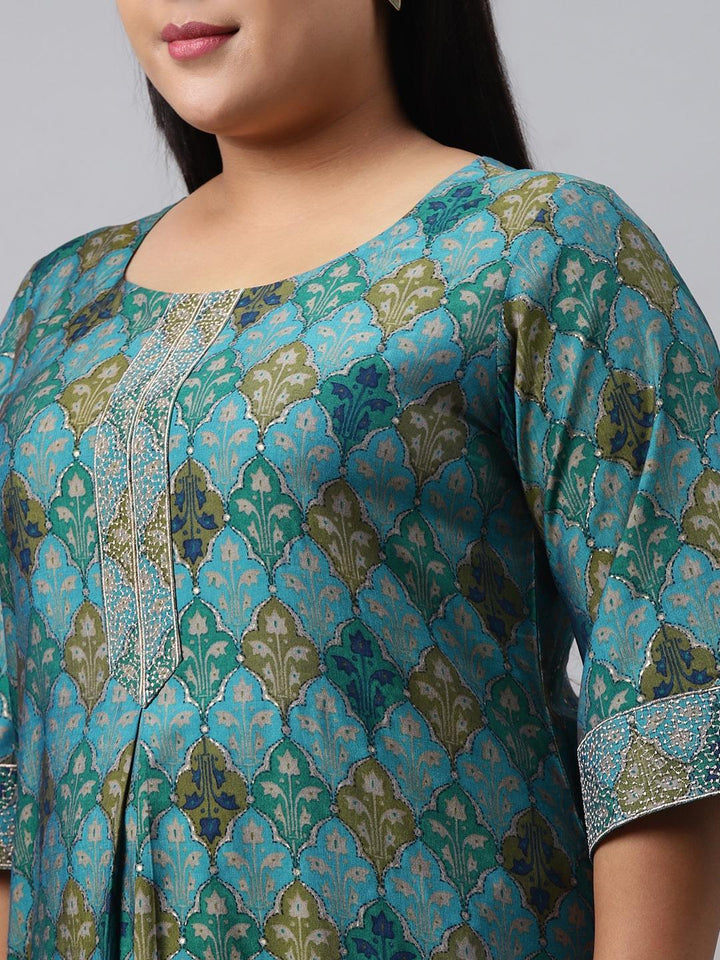 Plus Size Blue Printed Chanderi Silk Kurta - ShopLibas