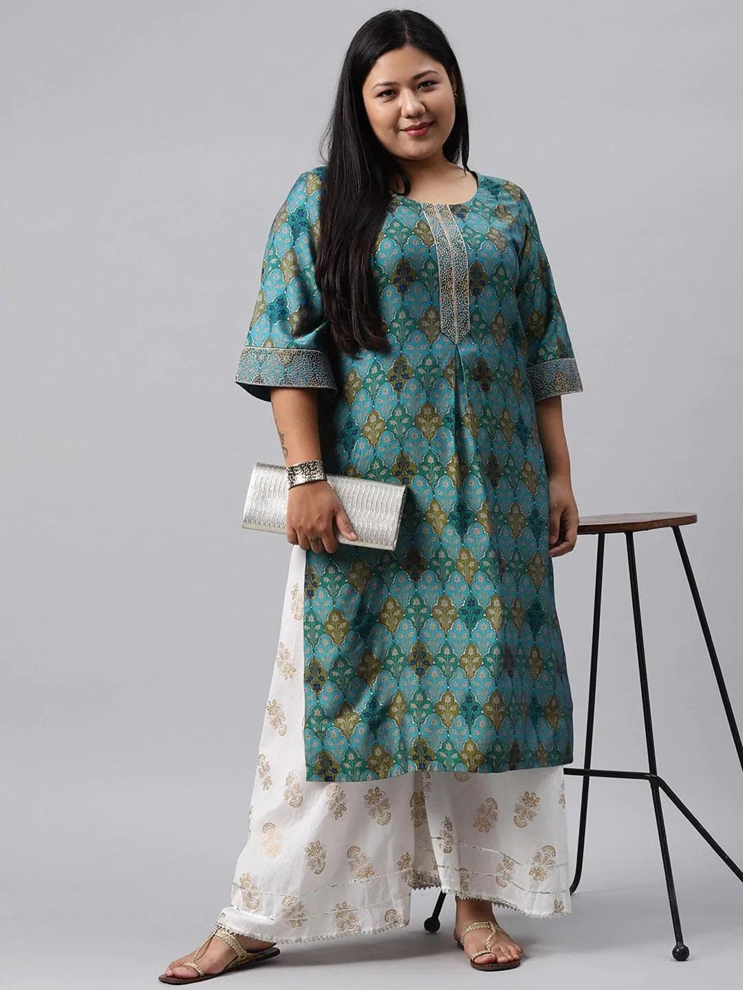 Plus Size Blue Printed Chanderi Silk Kurta