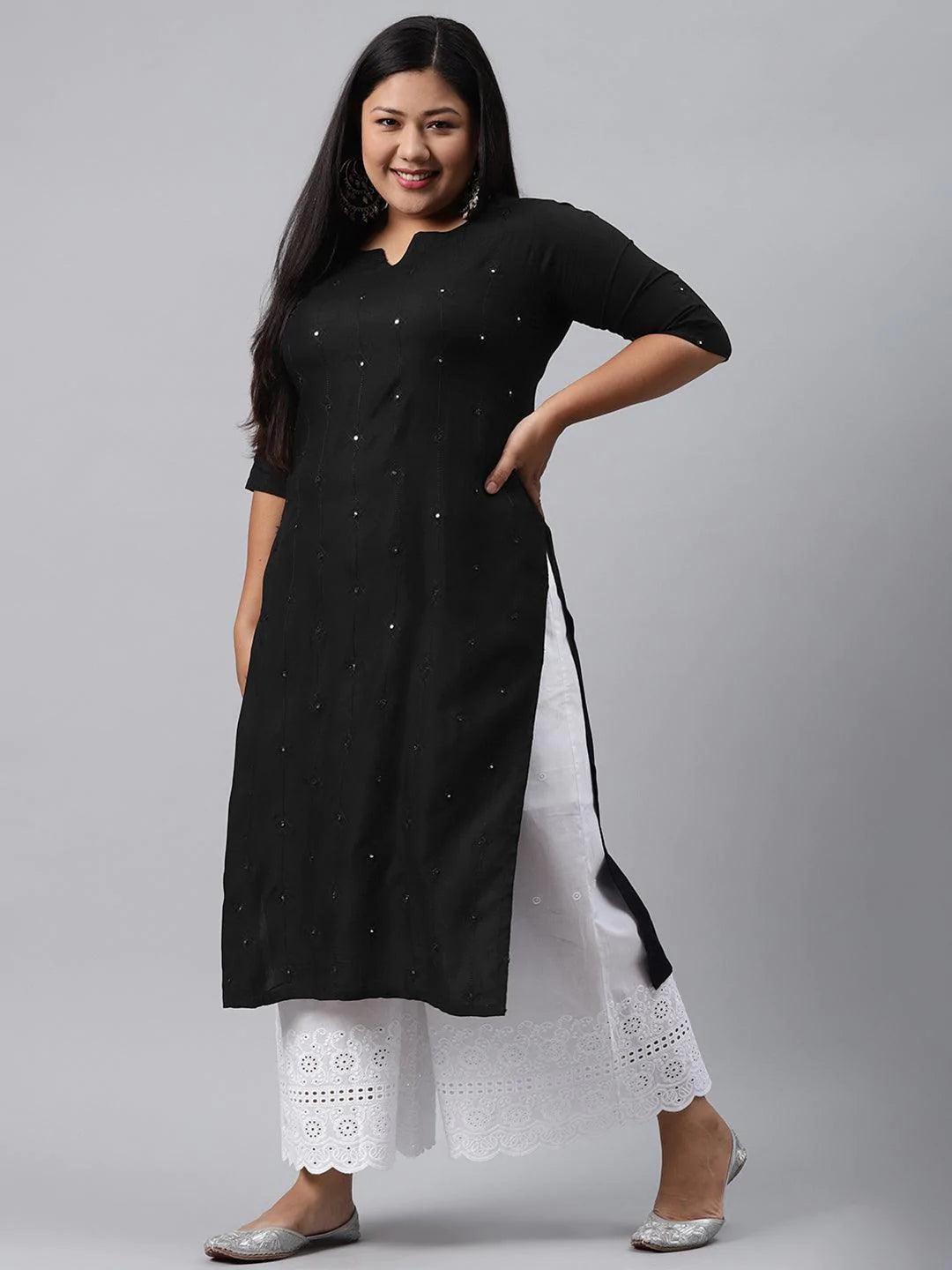 Plus Size Black Embroidered Rayon Kurta