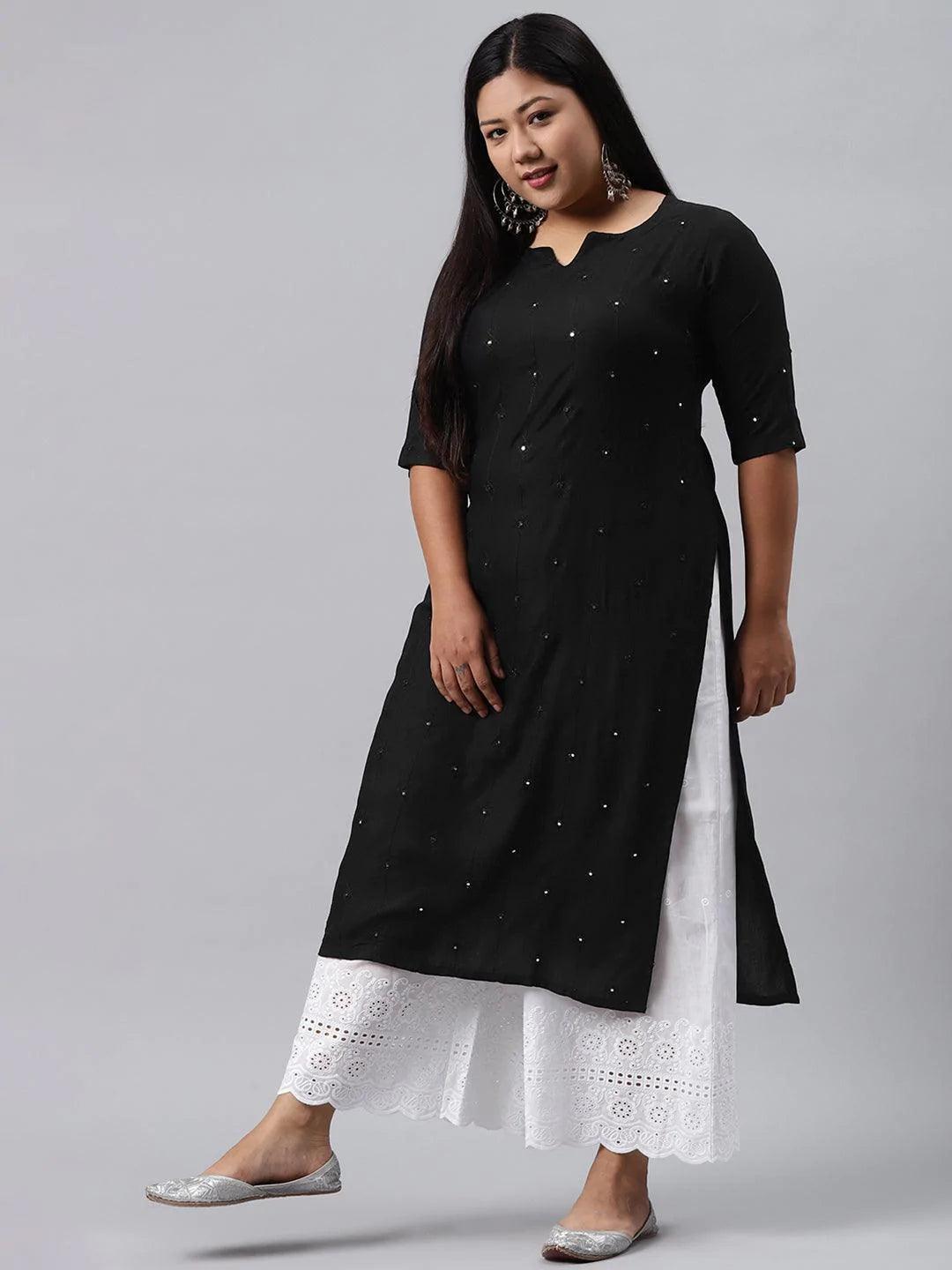 Plus Size Black Embroidered Rayon Kurta