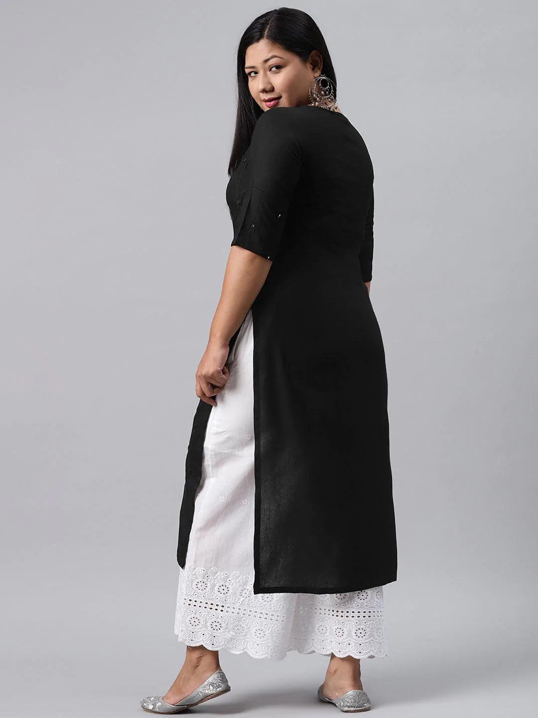 Plus Size Black Embroidered Rayon Kurta