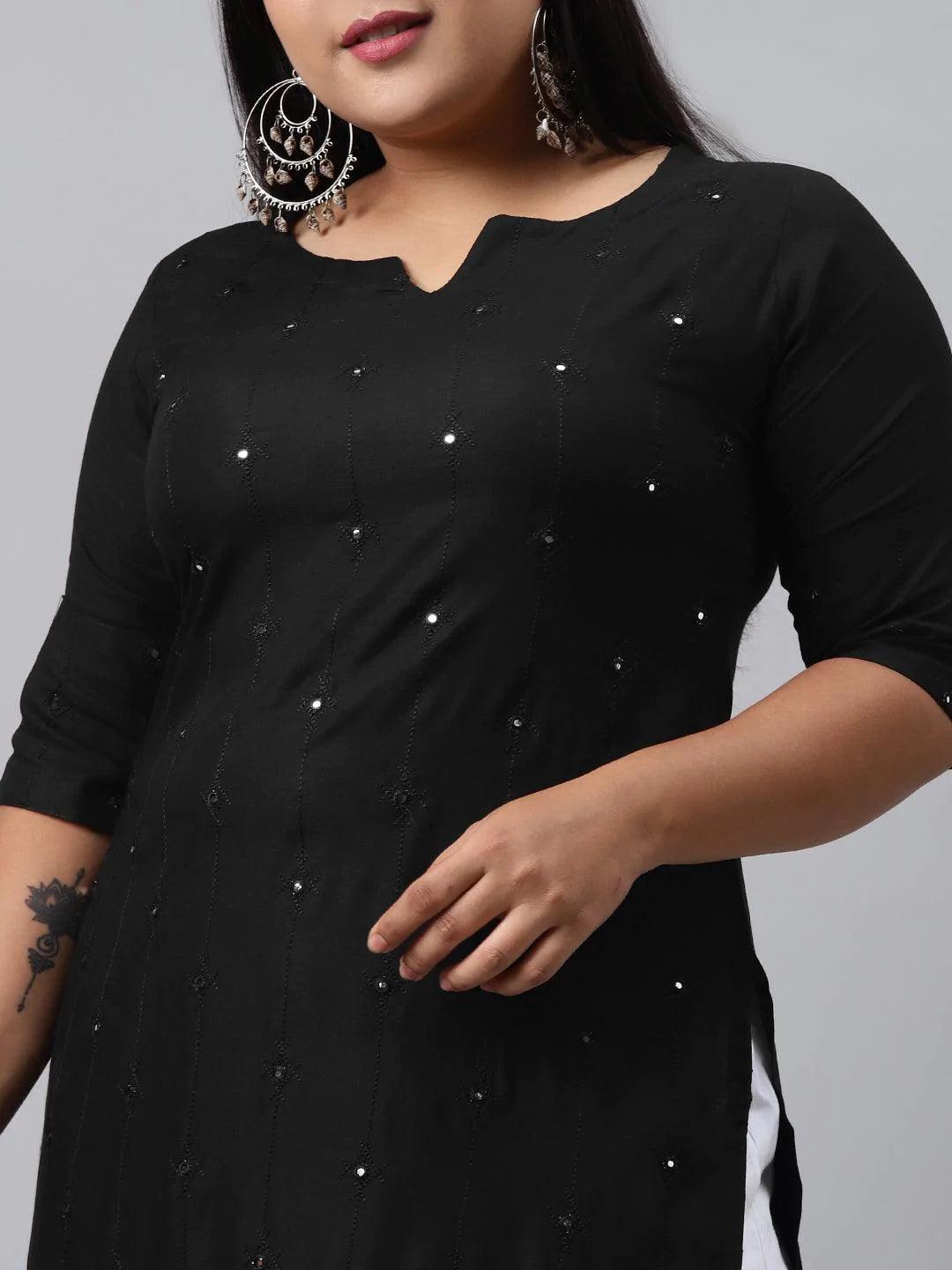 Plus Size Black Embroidered Rayon Kurta