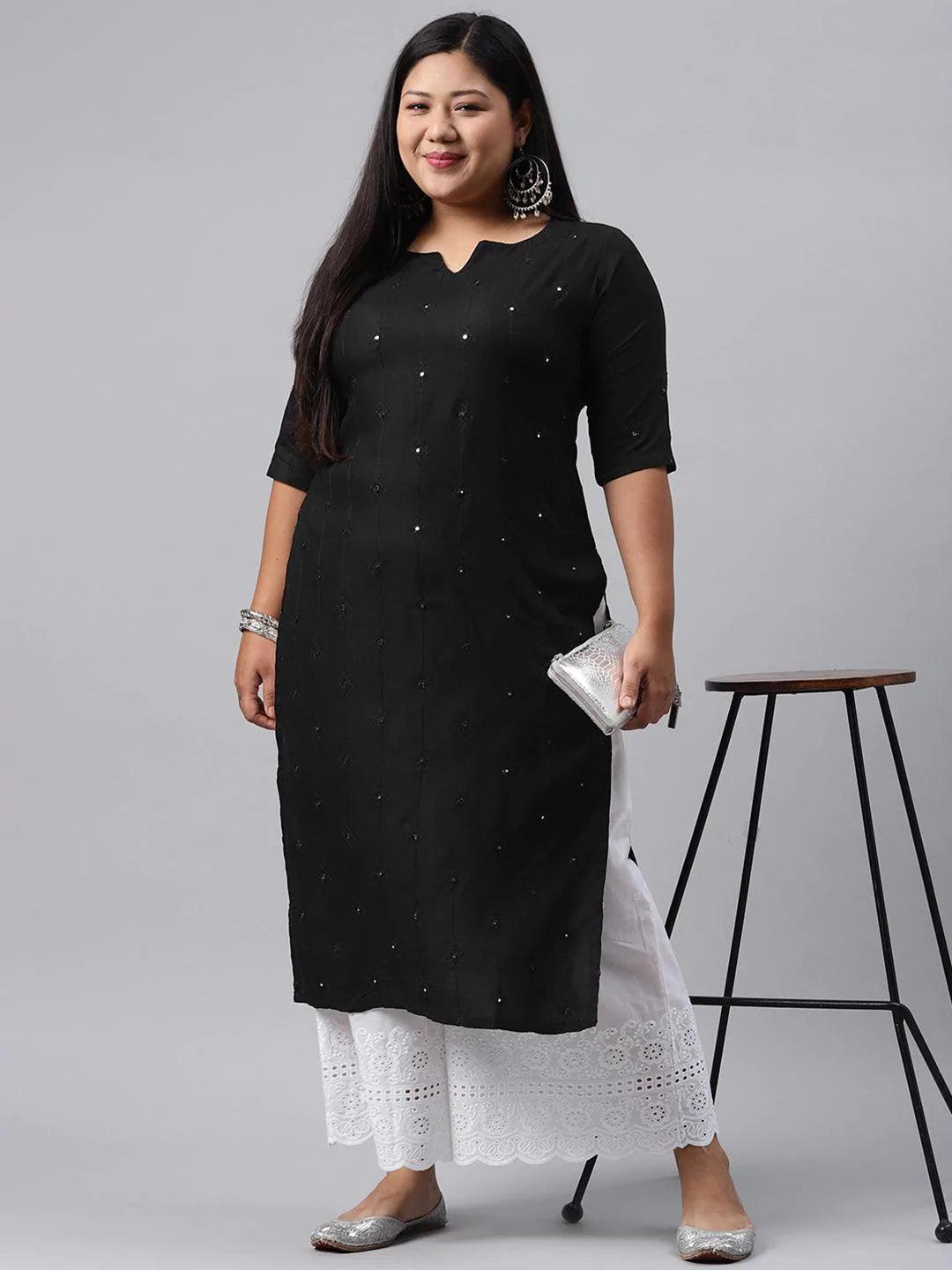 Plus Size Black Embroidered Rayon Kurta