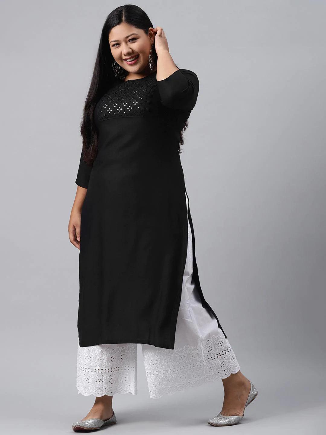 Plus Size Black Solid Rayon Kurta