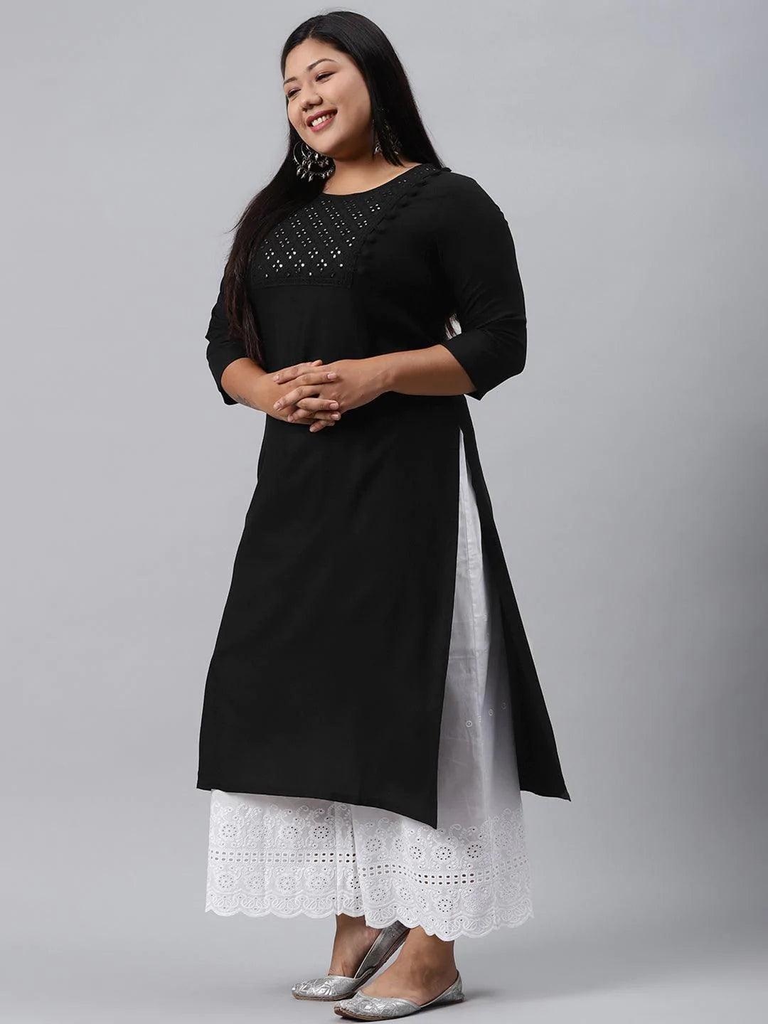 Plus Size Black Solid Rayon Kurta