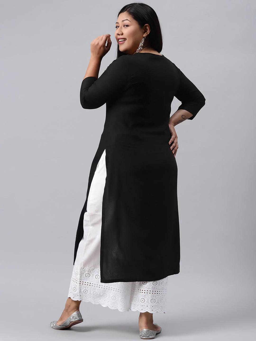 Plus Size Black Solid Rayon Kurta